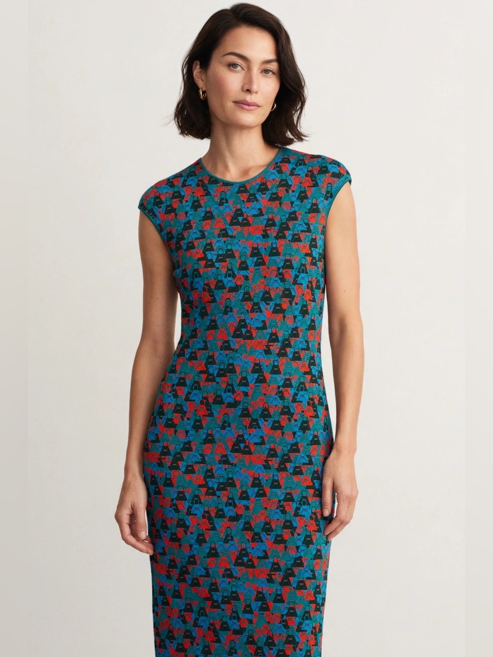 Akris || Mulberry Silk Knit Pencil Dress in Ai Purse Handbag Print Teal Orange 8